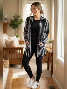 Black/White Striped Tunic Length Cardigan With Faux Suede Patches